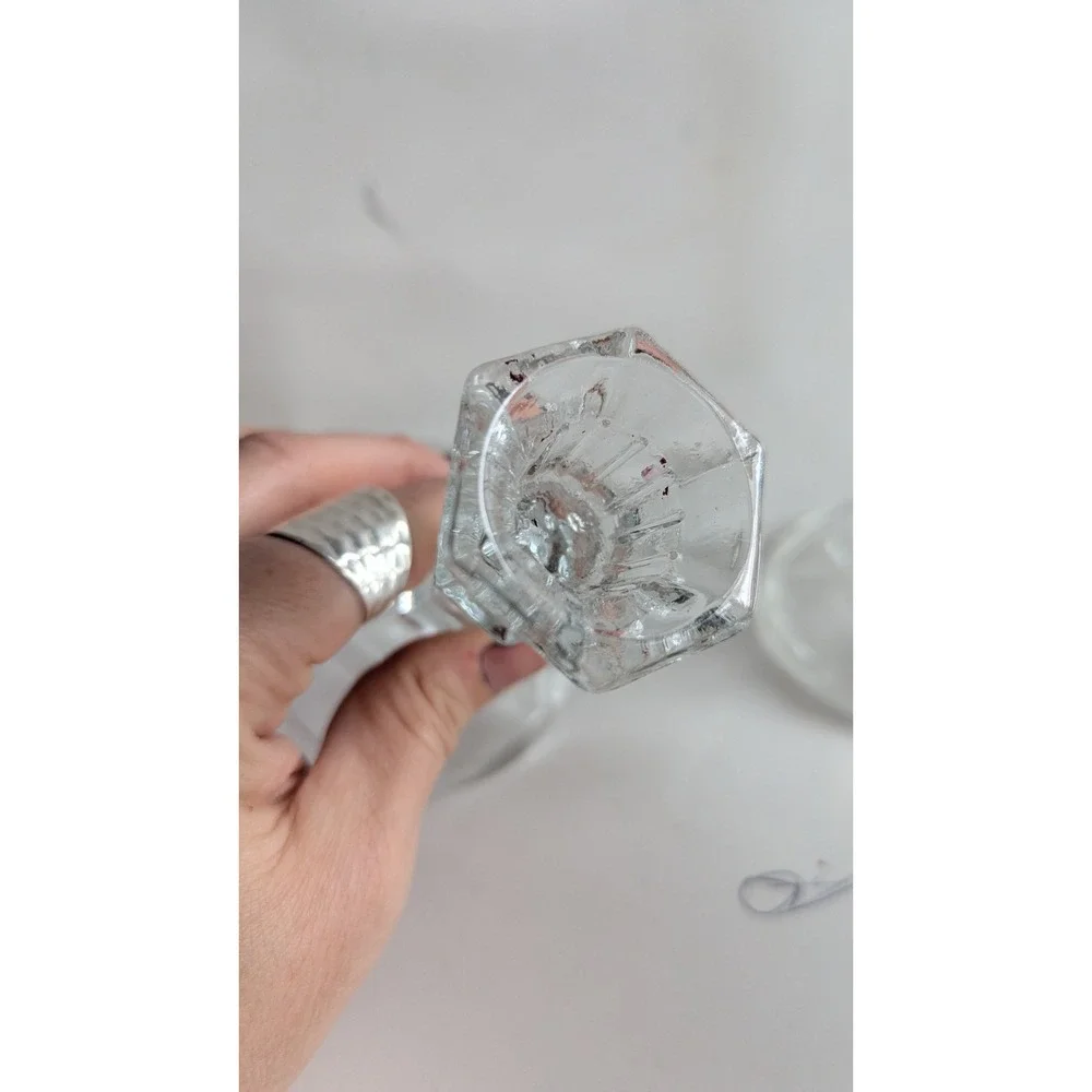 Set of 3 Clear Glass Candlestick Holders Hexagonal Stem Taper Trio